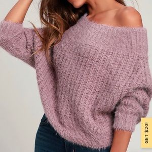Carino Dusty Purple Off-the-Shoulder Fuzzy Cropped Sweater